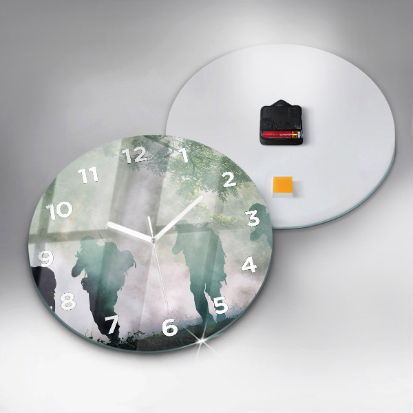 Round glass wall clock Army in the forest soldiers