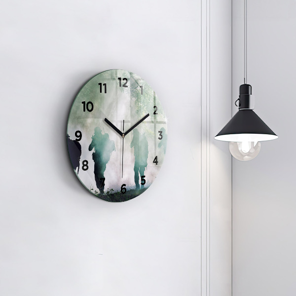 Round glass wall clock Army in the forest soldiers