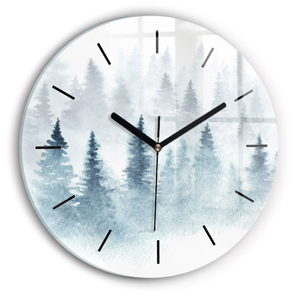 Round glass wall clock Winter forest
