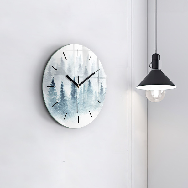 Round glass wall clock Winter forest