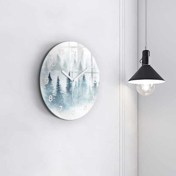 Round glass wall clock Winter forest
