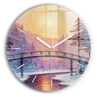 Round glass wall clock Christmas tree and bridge