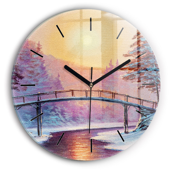 Round glass wall clock Christmas tree and bridge