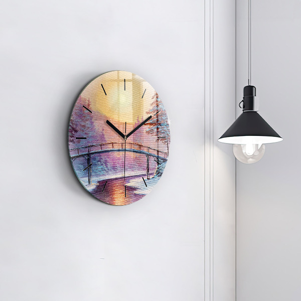 Round glass wall clock Christmas tree and bridge