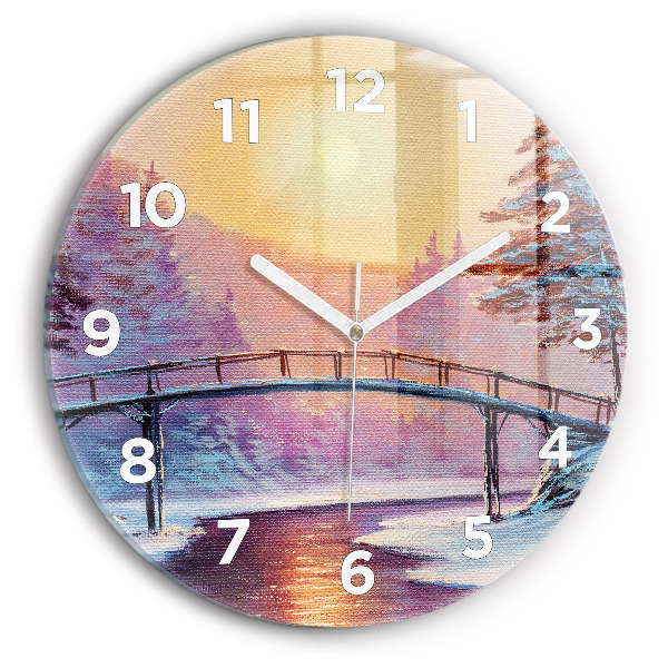 Round glass wall clock Christmas tree and bridge