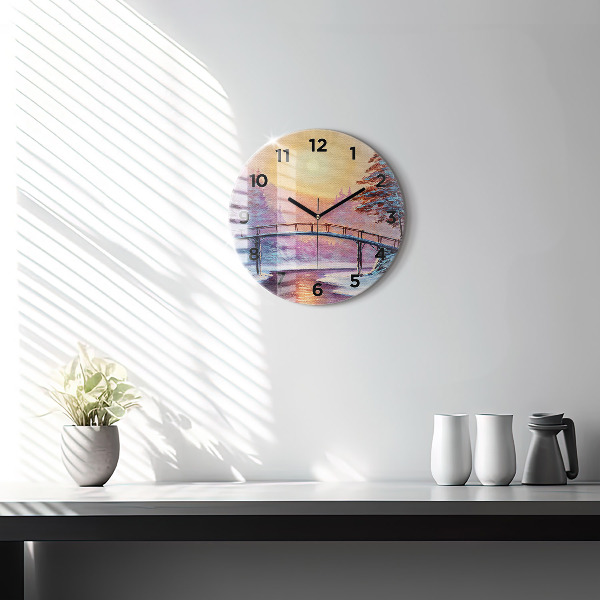 Round glass wall clock Christmas tree and bridge