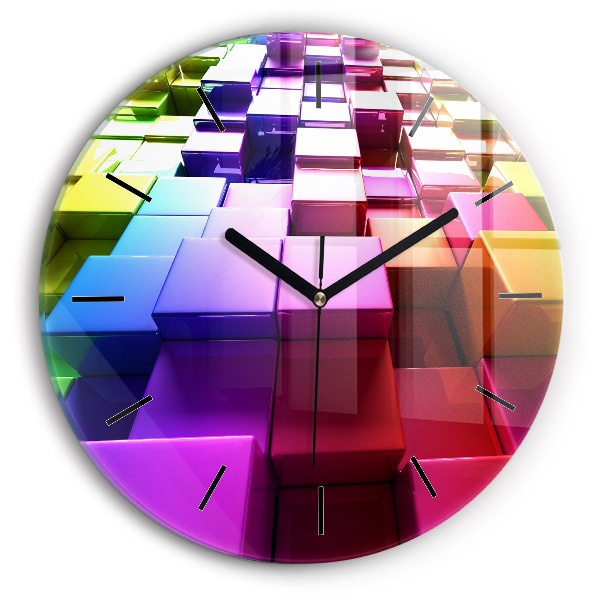 Round glass wall clock Colored cubes