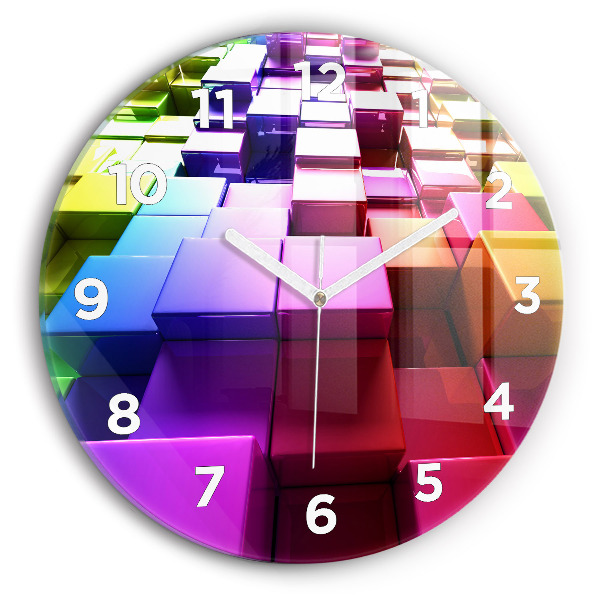 Round glass wall clock Colored cubes