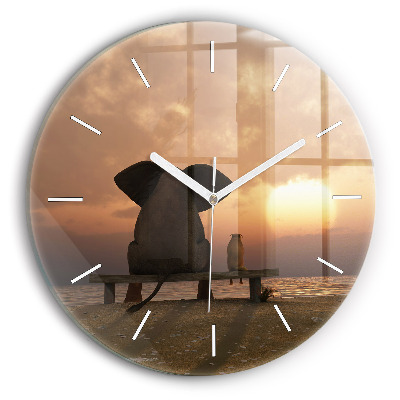 Round glass wall clock Animals and sunset