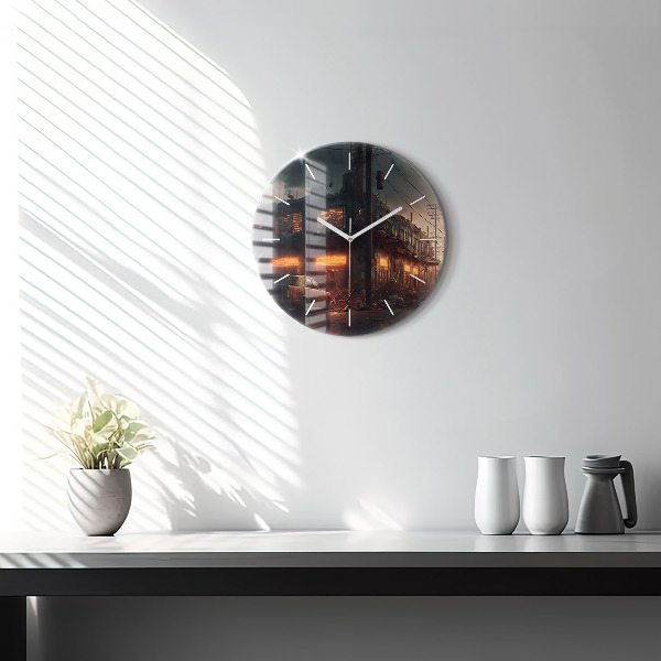 Round glass wall clock Apocalyptic building