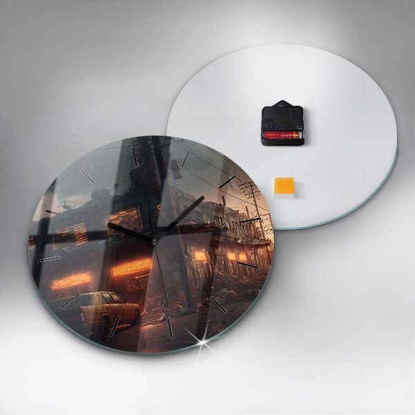 Round glass wall clock Apocalyptic building