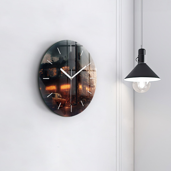 Round glass wall clock Apocalyptic building
