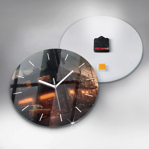 Round glass wall clock Apocalyptic building