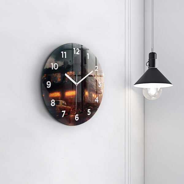 Round glass wall clock Apocalyptic building