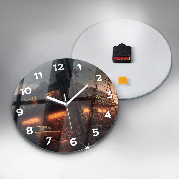 Round glass wall clock Apocalyptic building