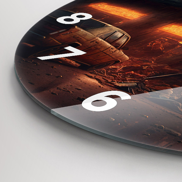 Round glass wall clock Apocalyptic building