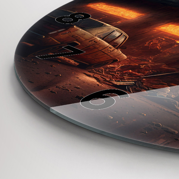 Round glass wall clock Apocalyptic building