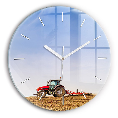 Round glass wall clock Farmer on a tractor