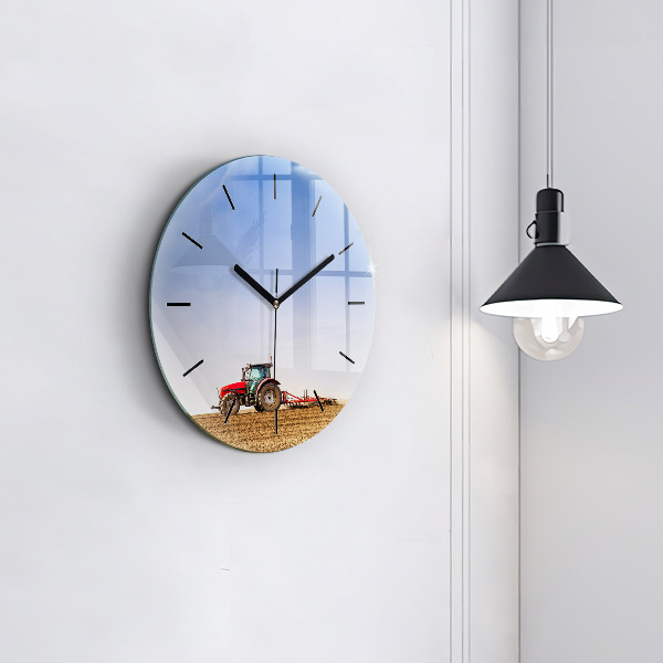 Round glass wall clock Farmer on a tractor