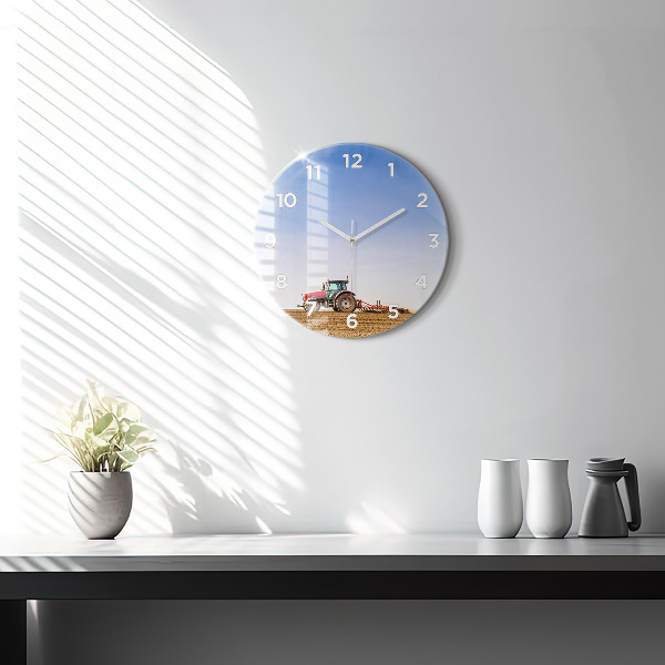 Round glass wall clock Farmer on a tractor