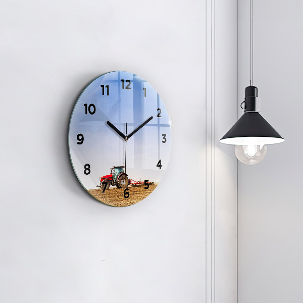 Round glass wall clock Farmer on a tractor