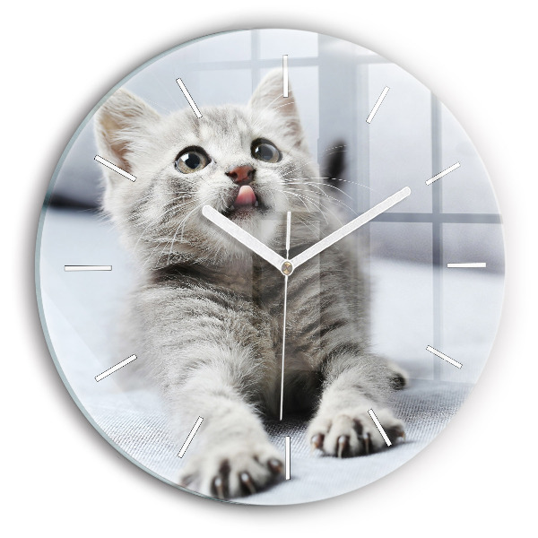Round glass wall clock Cat on the couch