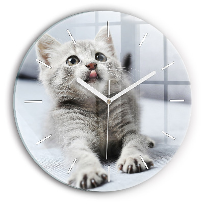 Round glass wall clock Cat on the couch