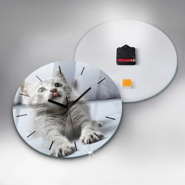 Round glass wall clock Cat on the couch