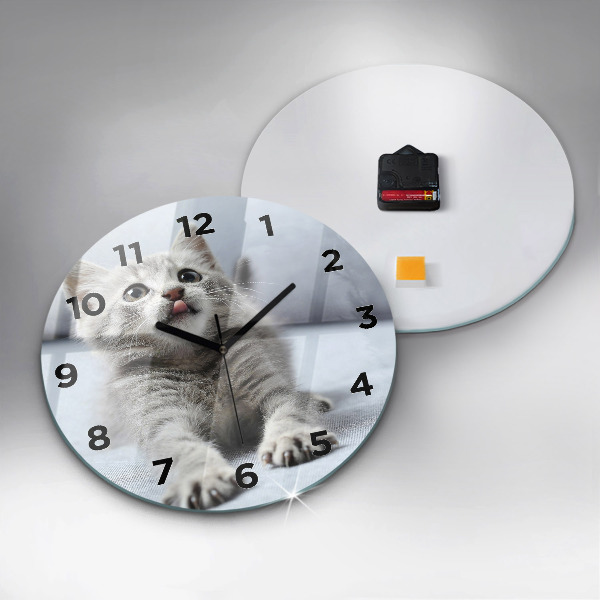 Round glass wall clock Cat on the couch