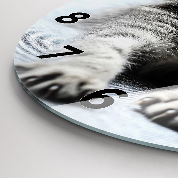Round glass wall clock Cat on the couch