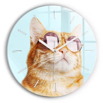 Round glass wall clock Funny cat with glasses