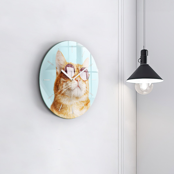 Round glass wall clock Funny cat with glasses