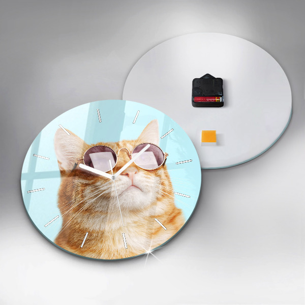 Round glass wall clock Funny cat with glasses