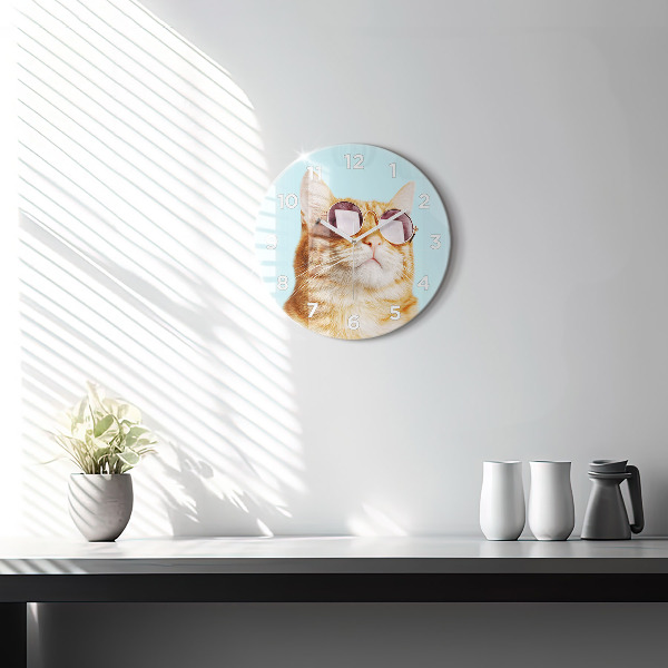 Round glass wall clock Funny cat with glasses