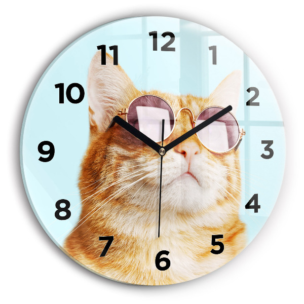 Round glass wall clock Funny cat with glasses