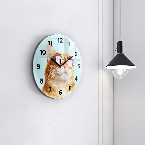 Round glass wall clock Funny cat with glasses