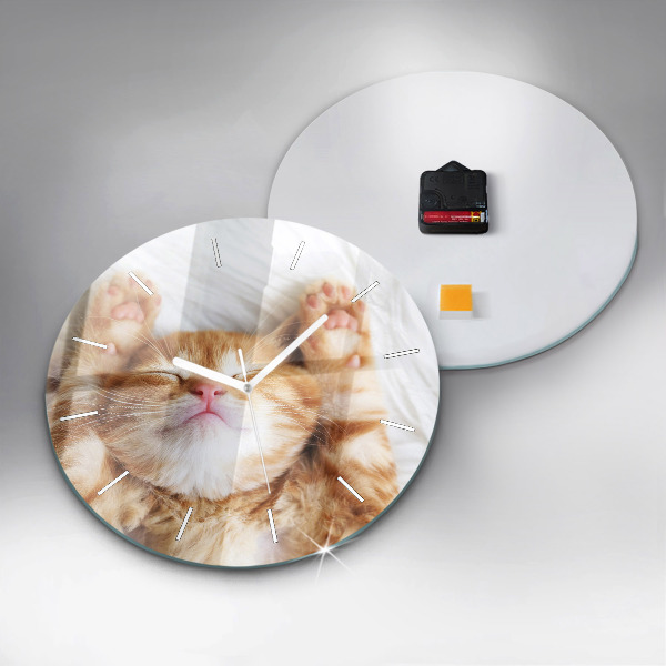 Round glass wall clock Sleeping little kitten