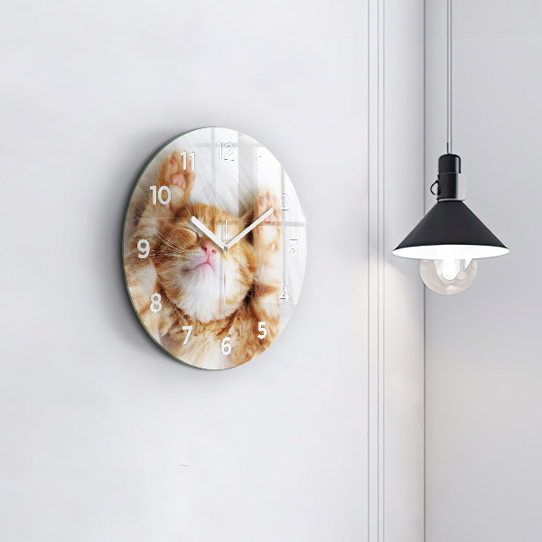 Round glass wall clock Sleeping little kitten