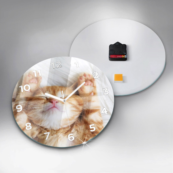 Round glass wall clock Sleeping little kitten