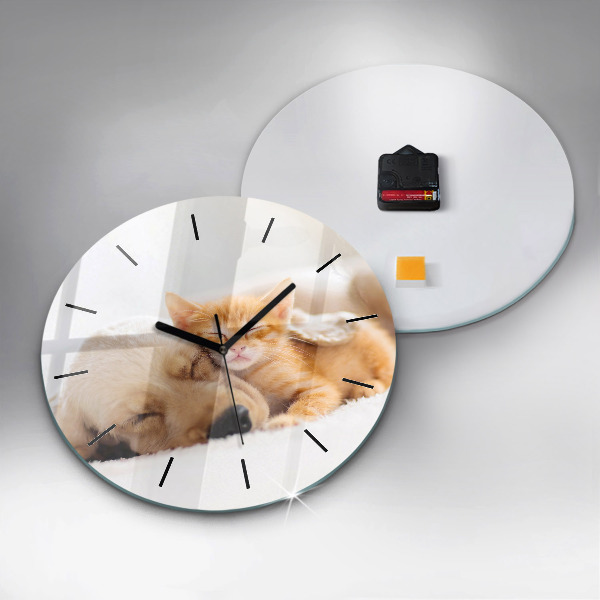 Round glass wall clock Sleeping cat and dog