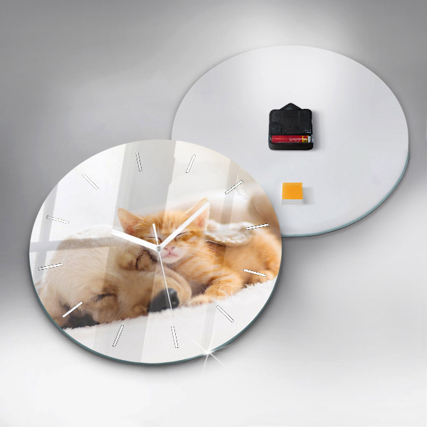 Round glass wall clock Sleeping cat and dog