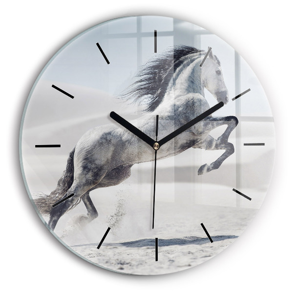 Round glass wall clock Galloping white horse