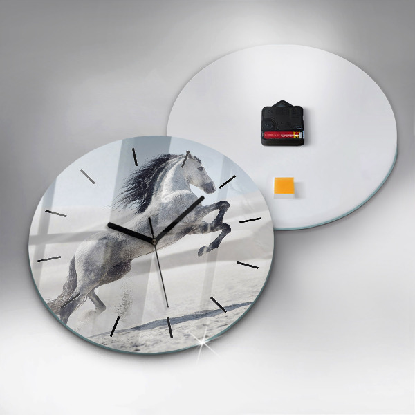 Round glass wall clock Galloping white horse