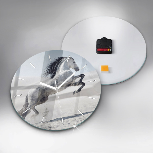 Round glass wall clock Galloping white horse