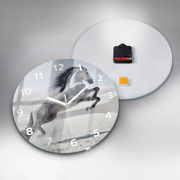 Round glass wall clock Galloping white horse