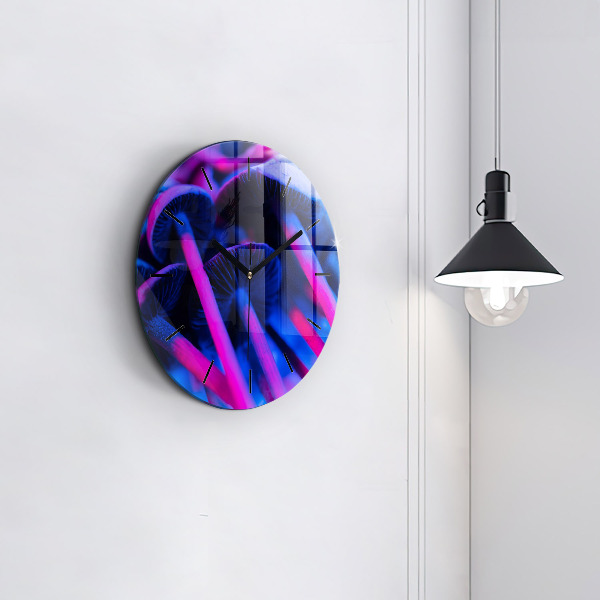Round glass wall clock Magic colorful mushrooms