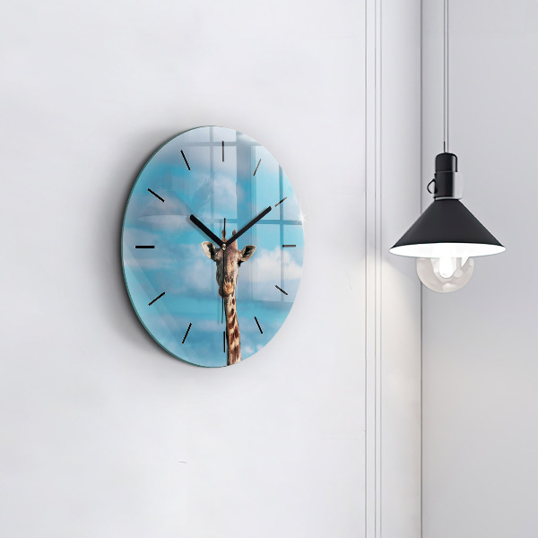 Round glass wall clock Giraffe head against the sky
