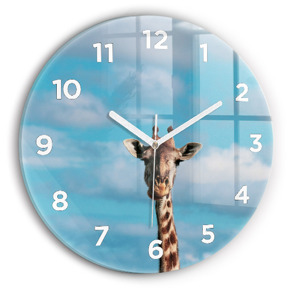 Round glass wall clock Giraffe head against the sky