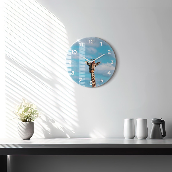 Round glass wall clock Giraffe head against the sky