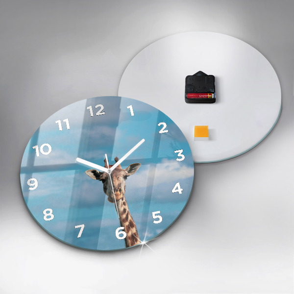 Round glass wall clock Giraffe head against the sky